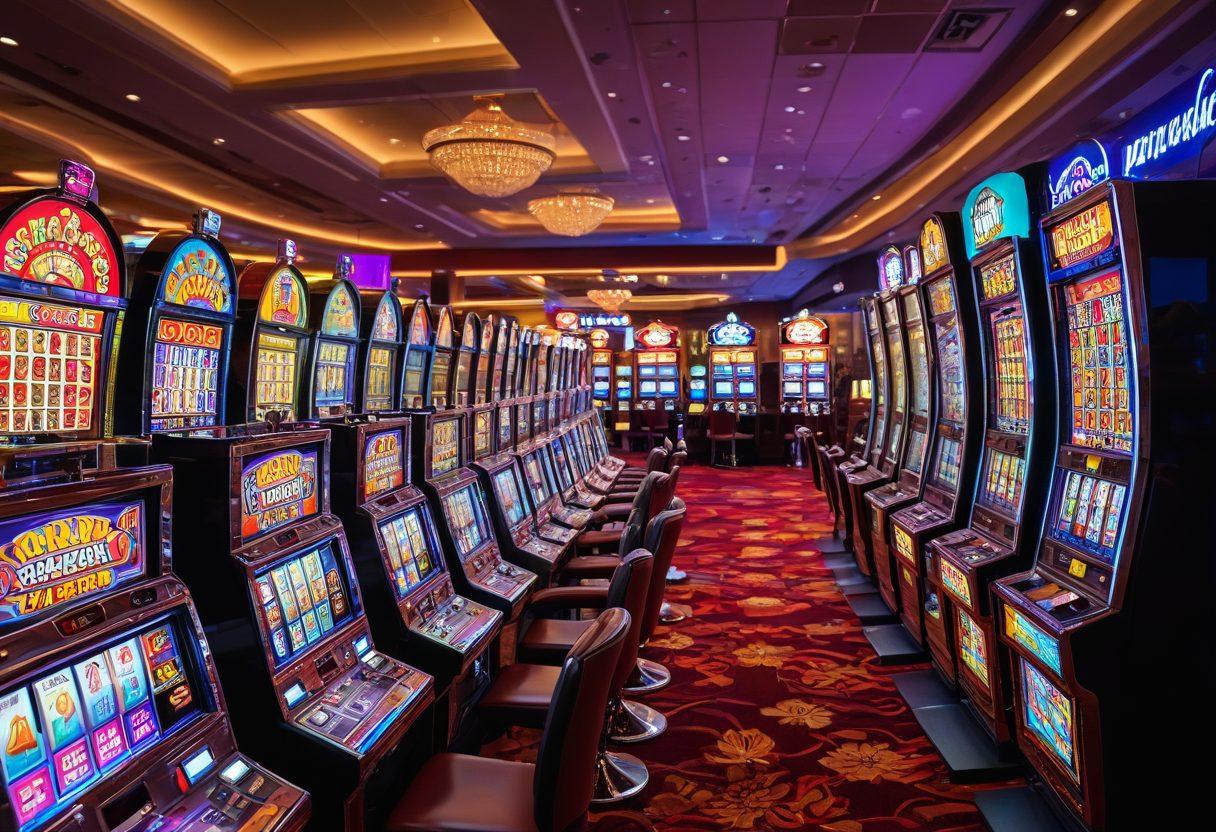 A vibrant scene depicting a transition from a traditional casino filled with colorful penny slot machines to a modern online gaming environment on a large screen. Illustrate the nostalgia of classic casino lights and sounds merging with digital graphics of slot reels. Incorporate excited gamers in both settings, showcasing their diverse backgrounds and expressions of joy. Emphasize bright neon colors for the casino side and sleek, futuristic designs for the online segment. super-realistic. vibrant colors.