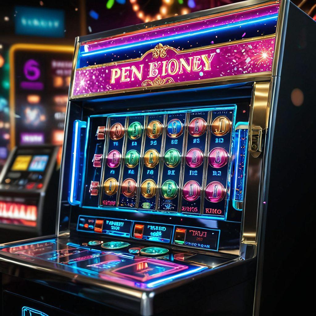 A close-up of an elegant penny slot machine adorned with bright neon lights and colorful coins cascading down. In the background, an excited crowd celebrating a big win, with confetti flying through the air. The scene should have an aura of mystery, hinting at strategies and secrets to winning. Overlay elements like charts and graphs to symbolize strategic planning. vibrant colors. super-realistic.